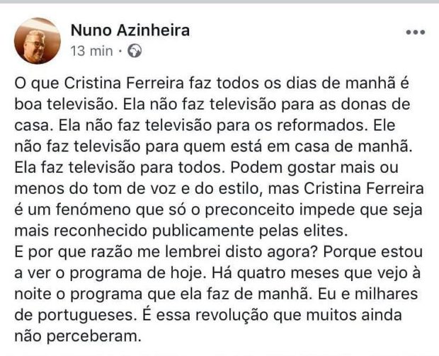 Nuno Azinheira Cristina Ferreira rendida a elogio: "Tudo o que eu sempre quis ouvir"