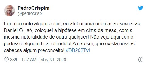 Pedro Crispim 2 'Bb 2020'. Pedro Crispim Justifica-Se Após Lançar Suspeita De Orientação Sexual De Concorrente