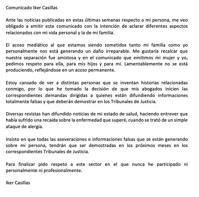 Iker Casillas, Comunicado