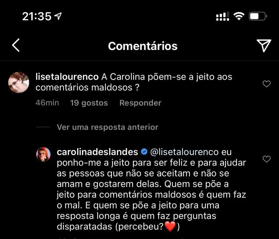 Carolina Deslandes, Comentário, Instagram