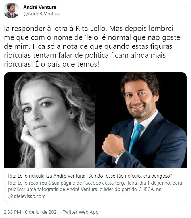 André Ventura Tweet Rita Lello