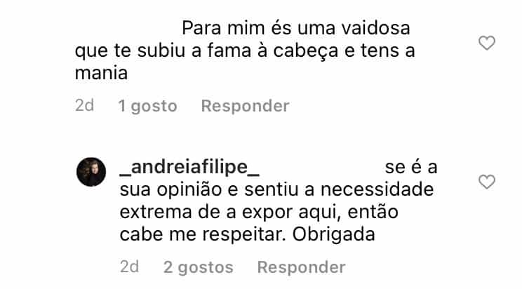 Andreia Filipe, criticada