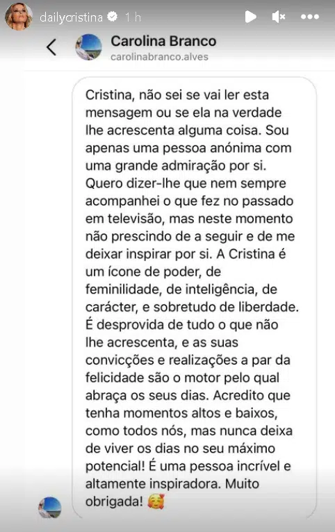 Mensagem Fã Cristina Ferreira