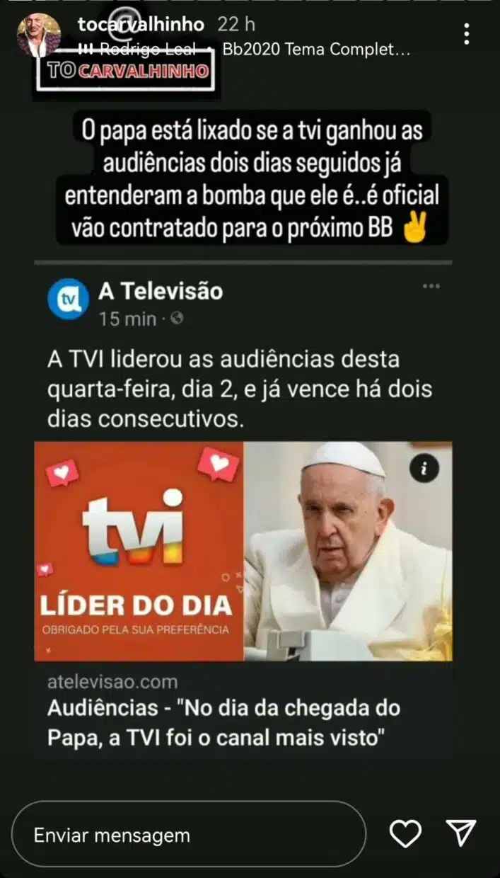 António Carvalho, Tvi, Papa Francisco, Big Brother, Audiências