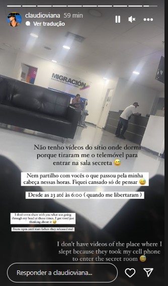 Captura de ecra 2024 01 30 163012 Cláudio Viana é retido no aeroporto na Colômbia e desabafa com os seguidores