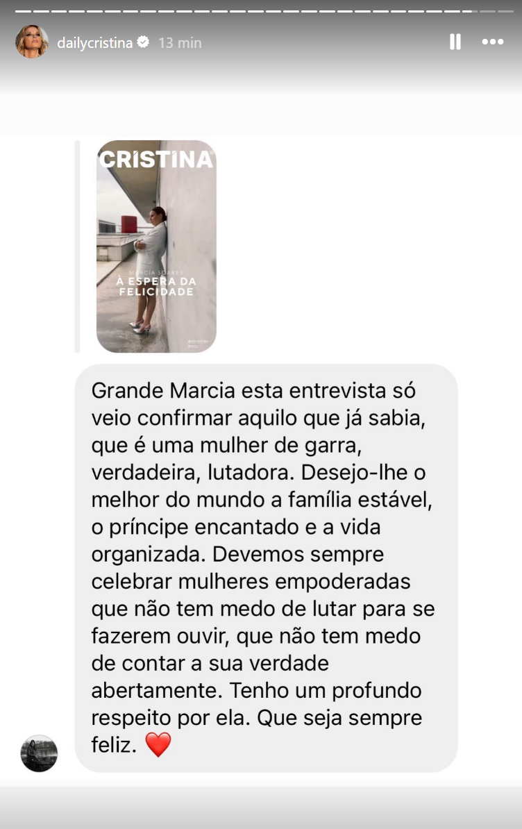 Captura de ecra 2024 04 03 210712 Após entrevista para Revista Cristina, Márcia Soares soma elogios: "Mulher de garra, verdadeira, lutadora"