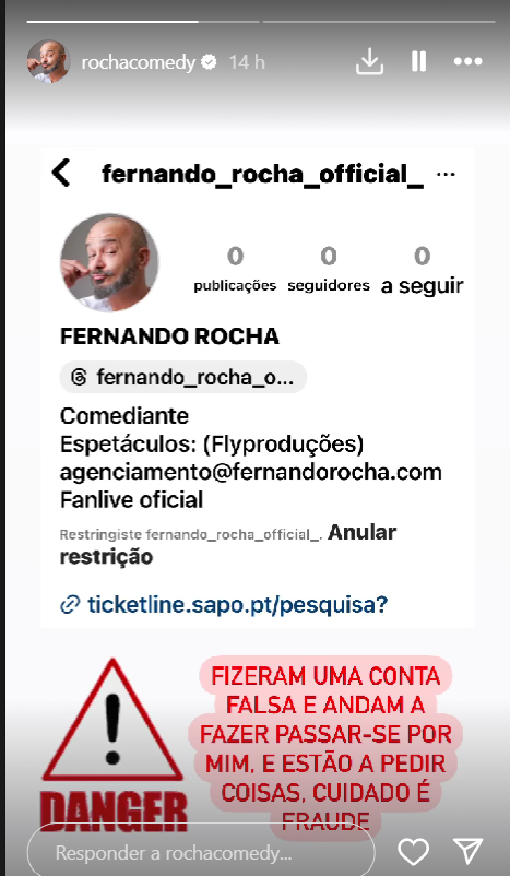 Captura de ecra 2024 04 09 153650 Fernando Rocha denuncia perfil falso com o seu nome: "Cuidado, é fraude"